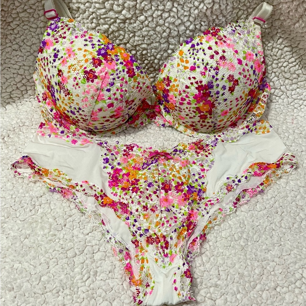 Victoria's Secret White and Multicolor Lace Bra and Panty set